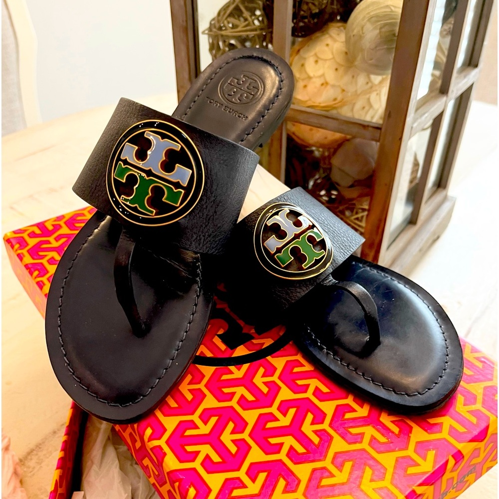 Authentic Tory Burch Sandals- Navy Blue w/ green and light blue Tory monogram
